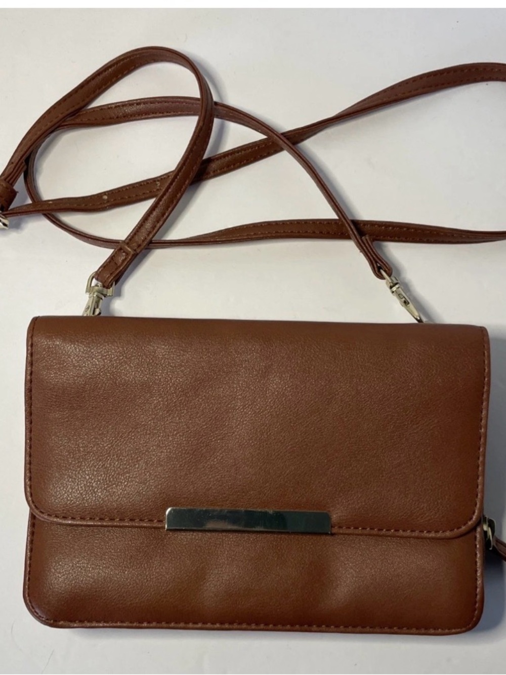 Attention Brown Leatherette Crossbody Flap Wallet Bag with Strap faux leather